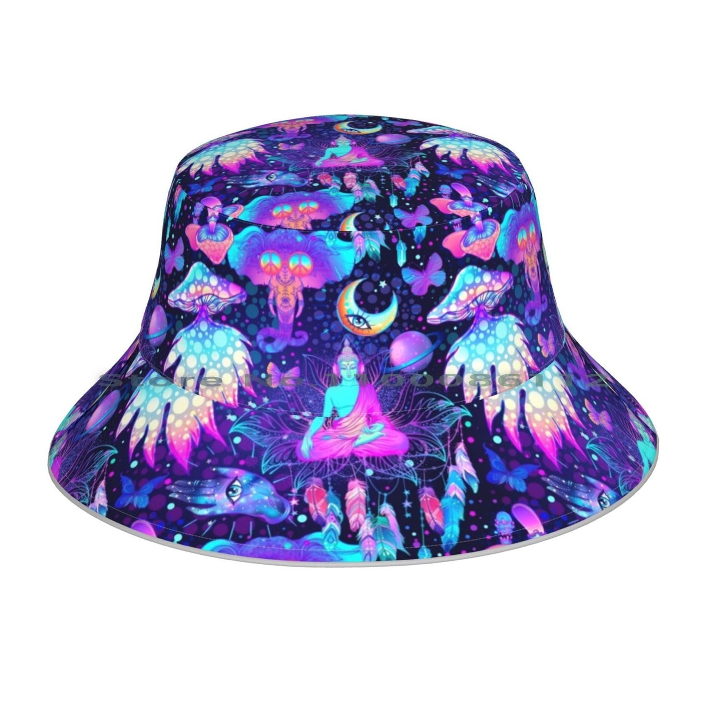 Trippy Hippie Bucket Hat Sun Cap Trippy Hippie Boho New Age Patterns Psychedelic Buddha Mushrooms Peace Sign Contemporary