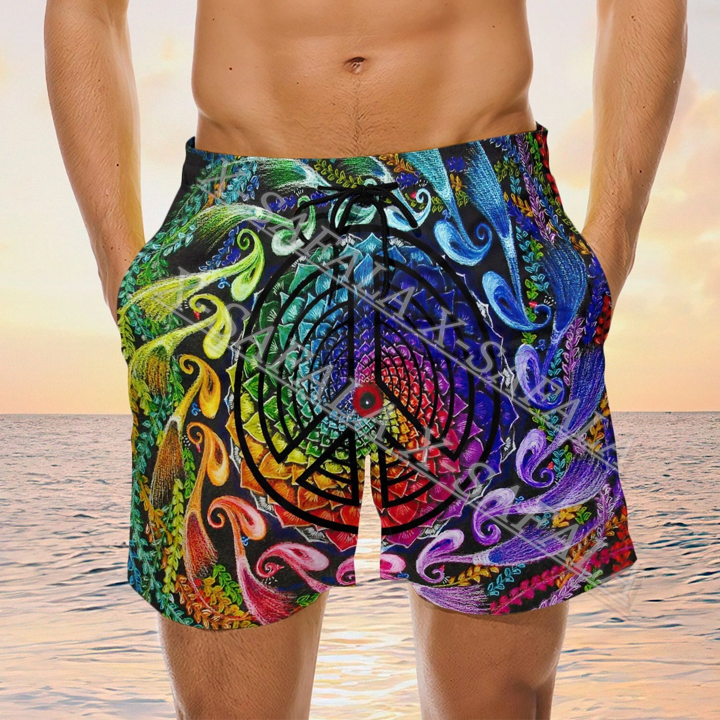 Hippie Skull Peace Life Psychedelic Trippy Swims 3D Print Shorts Summer Beach Holiday Shorts Men's Swimming Sports Half Pants-6